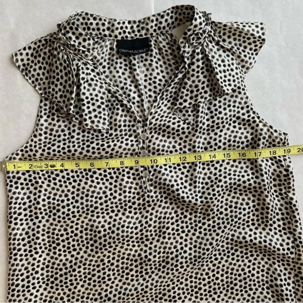 Cynthia Rowley 100 % Silk White Black Polka Dot V Neck Ruffle Sleeveless Top - Picture 7 of 7